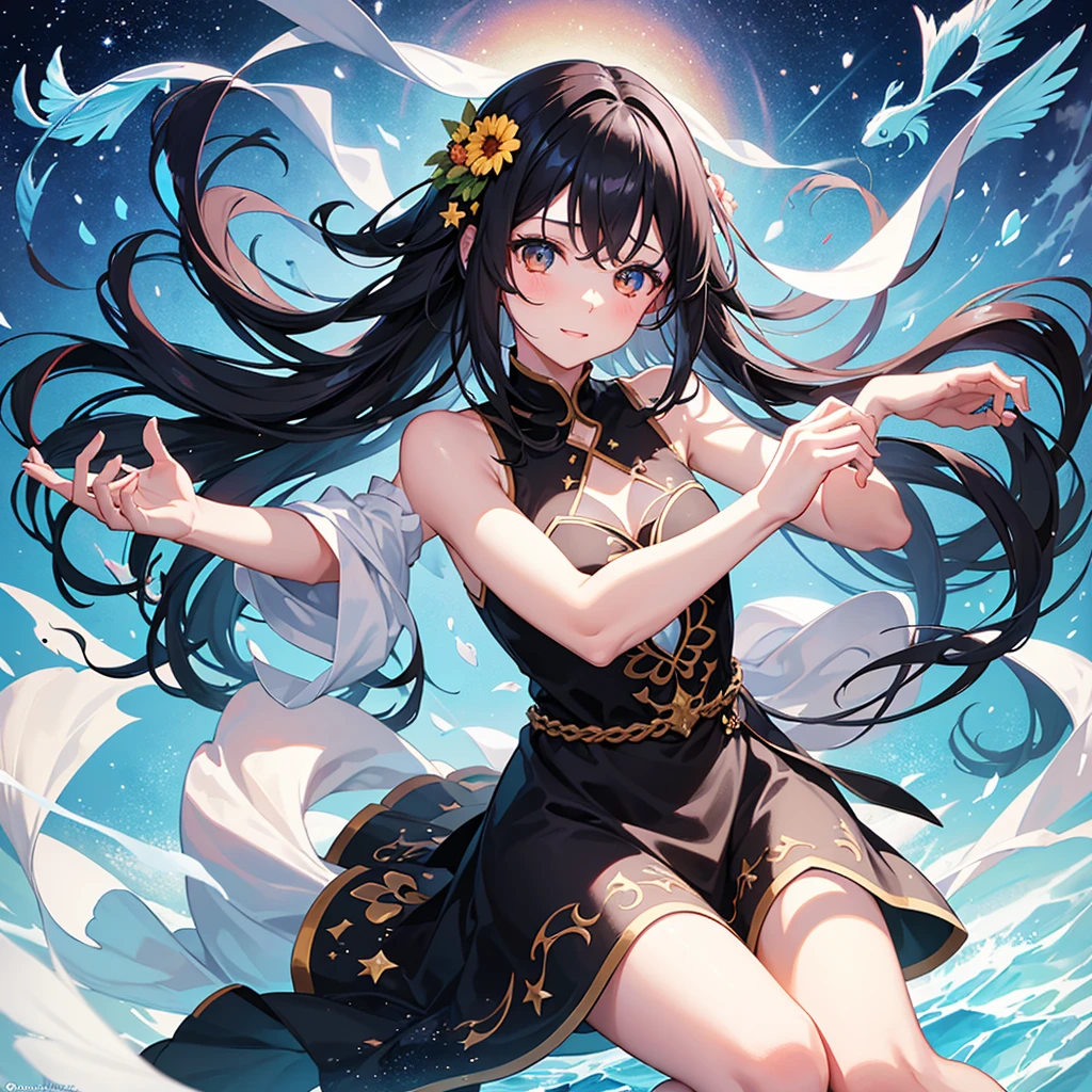 create an image, of a girl with semi-long black hair playing with flowers and fish, something magical and deep, magical and fun atmosphere, happy girl in a beautiful dress, In the universe, dark and bright stars