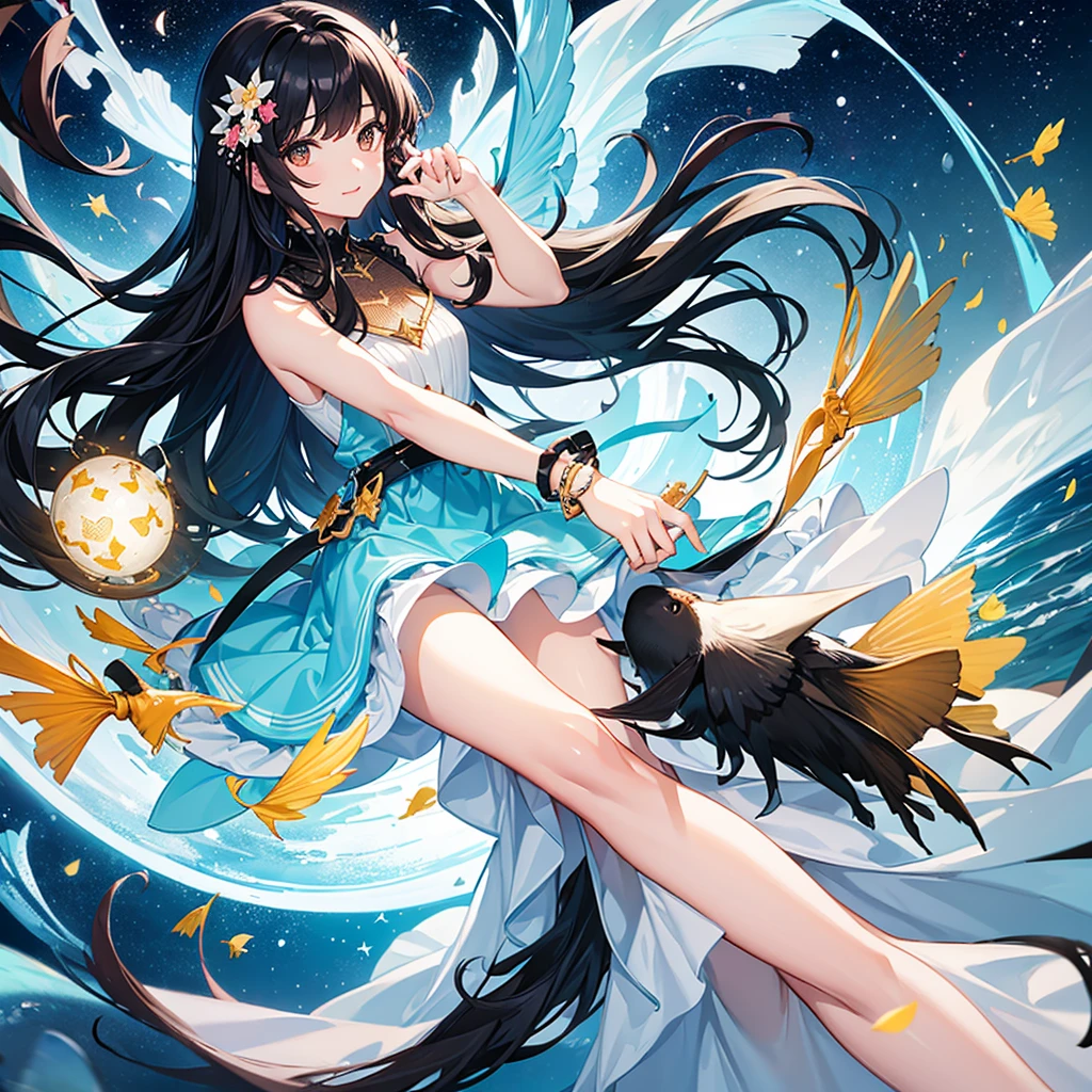 create an image, of a girl with semi-long black hair playing with flowers and fish, something magical and deep, magical and fun atmosphere, happy girl in a beautiful dress, In the universe, dark and bright stars