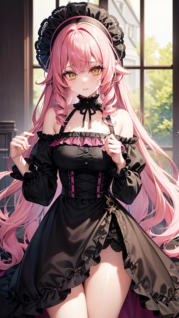 pink curly hair, with greenish yellow eyes, pale skin, big eyelashes, glare eyes, lip gloss, and more gothic cute clothes