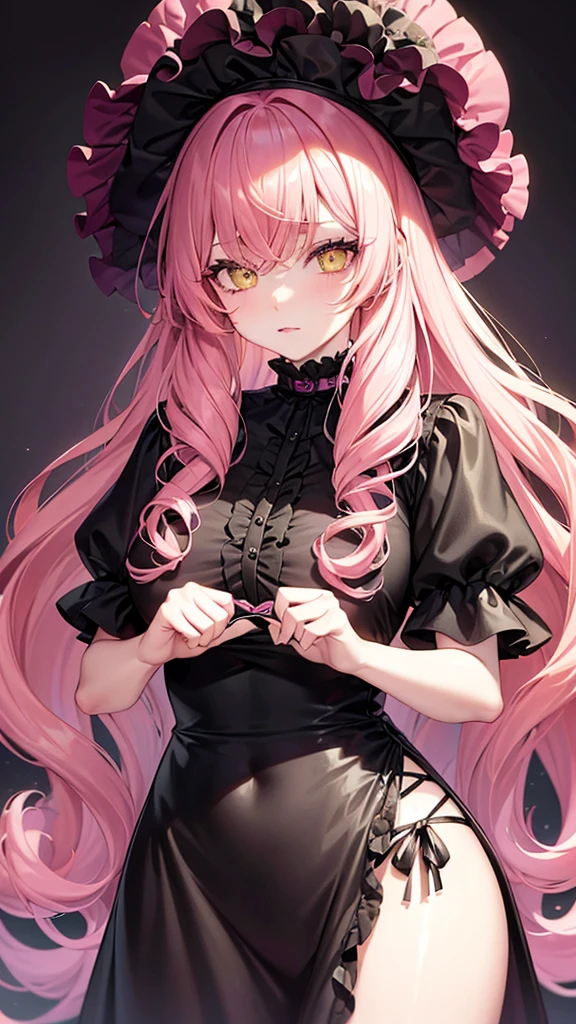 pink curly hair, with greenish yellow eyes, pale skin, big eyelashes, glare eyes, lip gloss, and more gothic cute clothes 