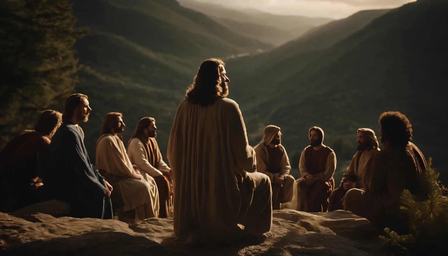 Jesus speaking to the disciples on the mountain.