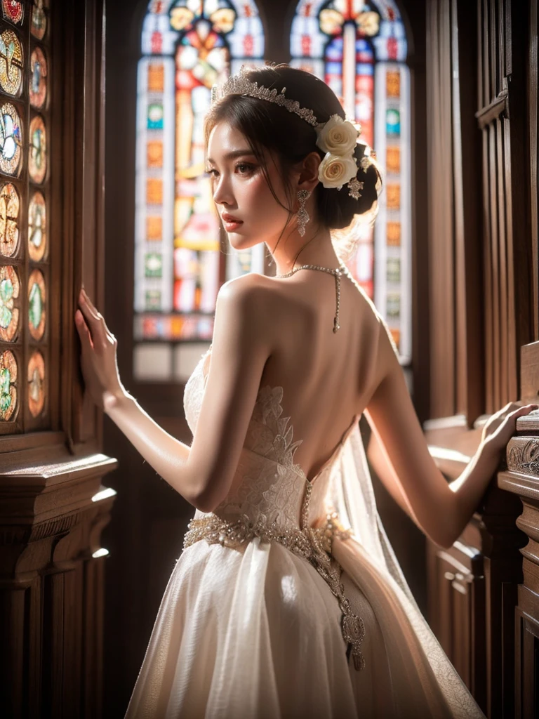 A woman, looking ethereal with her subtle stance and luminous skin, is clad in an enchanting white wedding dress exquisitely adorned with pearls and diamonds. She stands in the aisle of the monumental, age-old cathedral, relishing the mild light shimmering in through the stained glass windows. This light casts a divine play of hues onto her dress, giving it an otherworldly allure. The photographer positions the camera for a low-angle, face-on shot, emphasizing the symmetry of the cathedral and her serenity, (Close up shot: 1.6), (look back pose: 1.6).