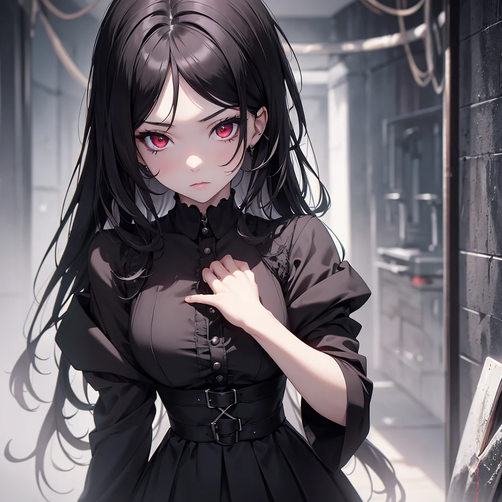 (8K, Best Quality, Masterpiece, Ultra High Resolution) 1Girl, , Young, Beautiful Eyes, Face Details, Black Hair, Red Eyes, Pale Skin, Slender, Black Dress, Knee High Socks, Gothic, Dark Room, Best Quality, Upper Body, Looking at the Viewer, Facing Viewer, Close Up