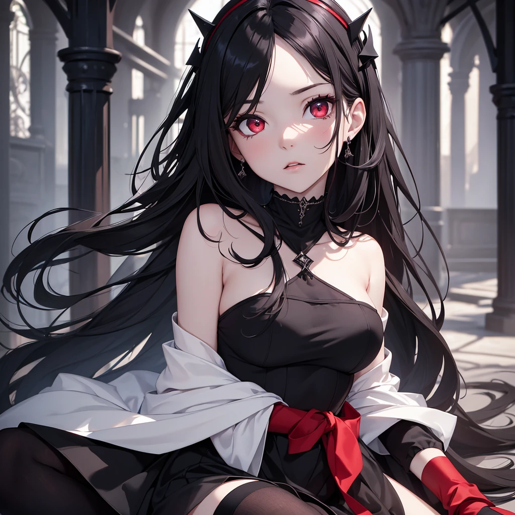 (8K, Best Quality, Masterpiece, Ultra High Resolution) 1Girl, , Young, Beautiful Eyes, Face Details, Black Hair, Red Eyes, Pale Skin, Slender, Black Dress, Knee High Socks, Gothic, Dark Room, Best Quality, Upper Body, Looking at the Viewer, Facing Viewer, Close Up