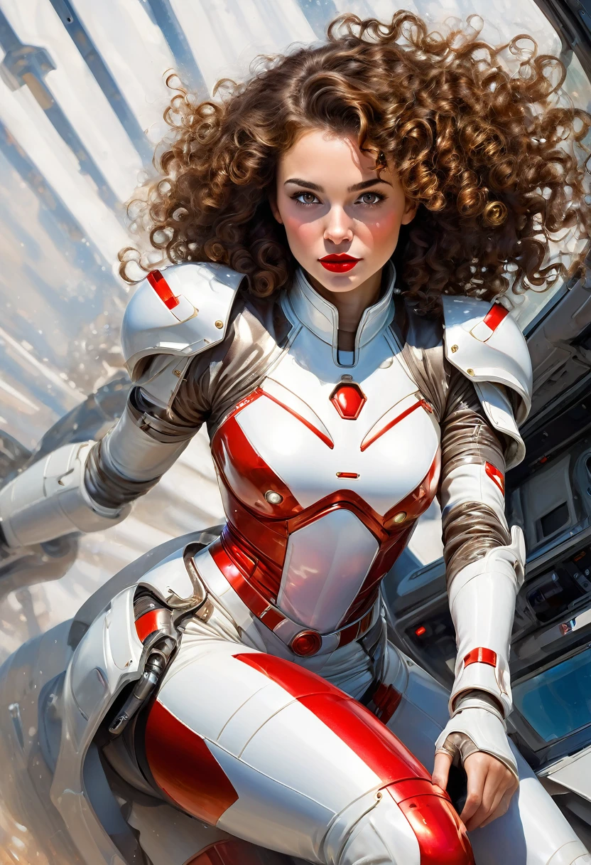 High-quality acrylic painting, VIVID COLORS, lateral point a view, a beautiful woman with brown curly hair, looking at the viewer with suspicious face and a shy smile, red lips, she wears white metallic ultra-glossy armor, hands in the waist, in a command chair in the cockpit of a spaceship
