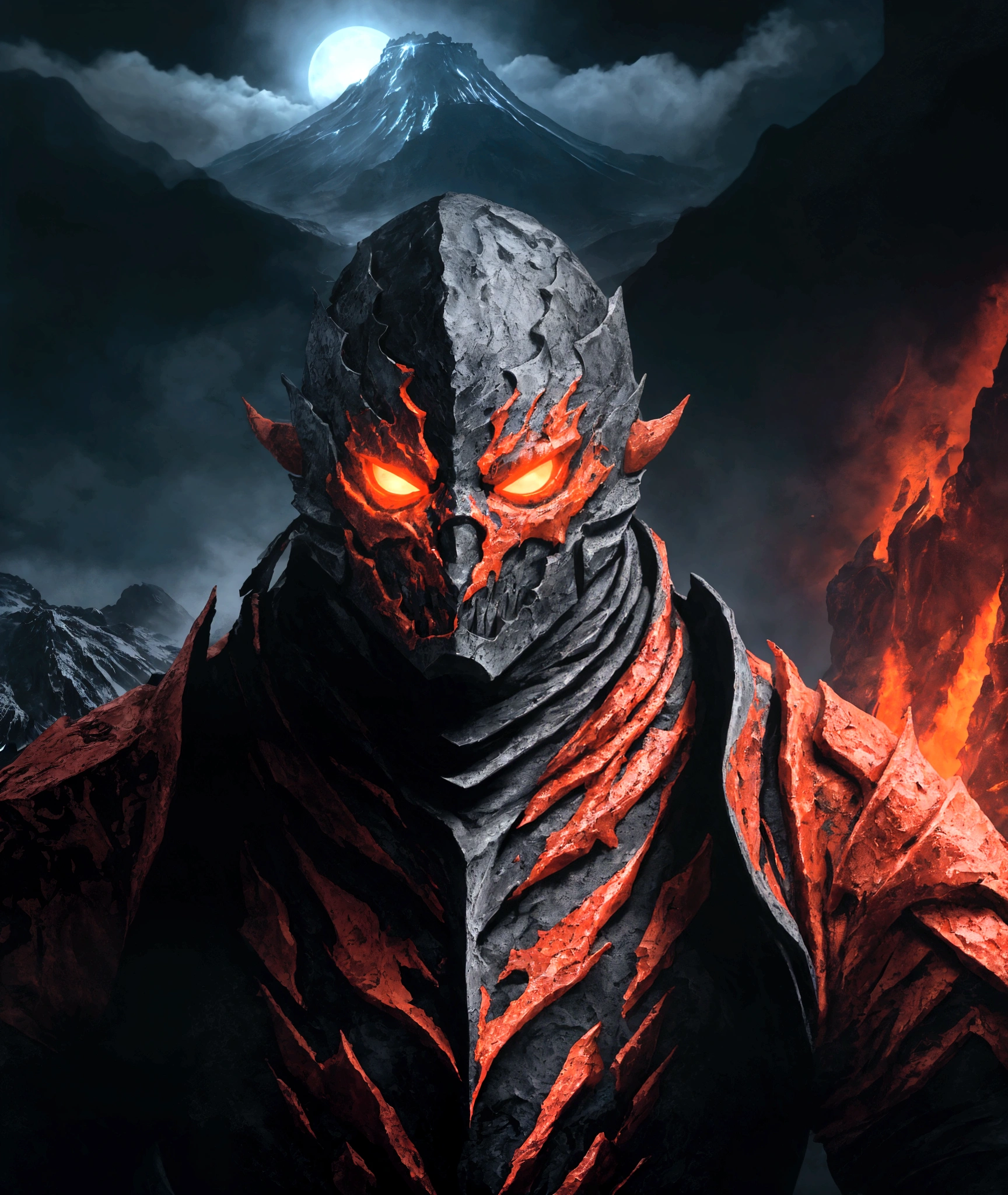 (extremely detailed 8k wallpaper), a medium shot photo of Grim dressed as a scary masked lava-supervillain in an orange armour made of white glowing armour from marvel, theme, intricate, high detail, dramatic, mountain with lava running down the mountain in the background
