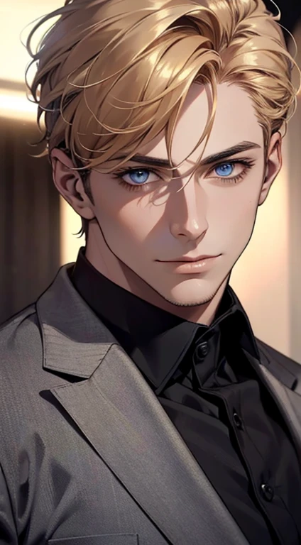 (best quality,4k,8k,highres,masterpiece:1.2),ultra-detailed,(realistic,photorealistic,photo-realistic:1.37),1 man,31 years old,mature man,very handsome,without expression,smile,short golden hair,blue eyes,penetrating gaze,perfect face without errors,imposing posture,businessman,office background,cinematic lighting,hdr image