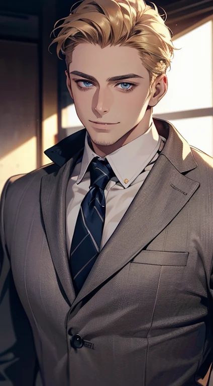 (best quality,4k,8k,highres,masterpiece:1.2),ultra-detailed,(realistic,photorealistic,photo-realistic:1.37),1 man,31 years old,mature man,very handsome,without expression,smile,short golden hair,blue eyes,penetrating gaze,perfect face without errors,imposing posture,businessman,office background,cinematic lighting,hdr image