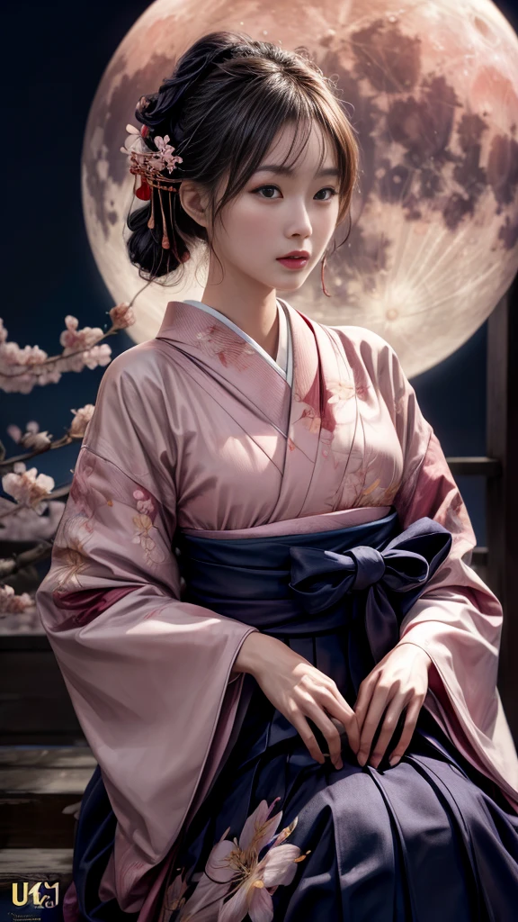 Very beautiful woman、Slender women、Japanese clothing、((Hakama))、((Big Breasts))、(((night)))、((moon))、((cherry blossoms))、Very beautiful woman、Slender women、(Detailed face)、Realistic skin、((Delicate photo))，(Girl Masterpiece RAW Photo Details:1.25), (Highest quality:1.6), (Ultra-high resolution:1.5), (Realistic:1.75), 8K resolution, Canon EOS R5, 50mm, Absurd, Ultra-detailed,Cinema Lighting、
