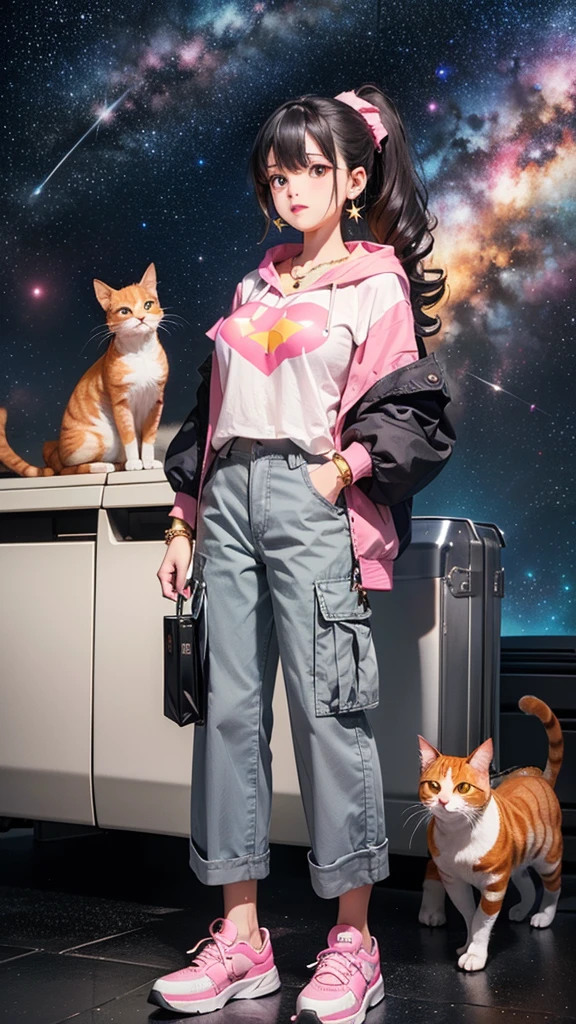 (((Holding a cute orange bantam cat in both hands)))，((Highest quality，masterpiece，Full body front view of a mature beauty with big breasts，Air bangs，Blue gray high ponytail super long straight hair，Slightly curly hair on double sideburns，Hair ends curled in，Gray and pink short T-shirt，Light blue denim gray hooded jacket，Black and gray long and wide cargo pants，Pink and white sneakers))，Simple, small and exquisite round necklace，Little star earrings，Wearing a very thin gold bracelet on the right hand，starry sky galaxy background，Look at the lens head-on