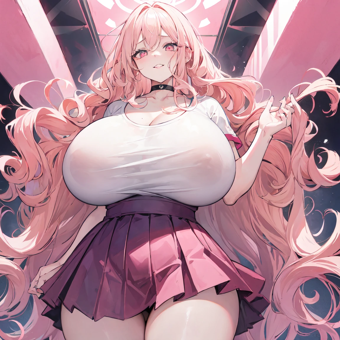 A woman, blonde hair with pink tips, wavy hair, straight hair, long hair, accumulated hair, cheeks with a rosy blush, biting her lip, wavy hair, pink eyes, heart shaped eyes, big eyes, giant breasts, massive breasts, fat lips, giant lips, pink lips, wide hips, big ass, big thighs, short skirt, black skirt, white shirt, large neckline, under a t-shirt, pink t-shirt, artificial nails, with a choker. Inside a massive and modern apartment