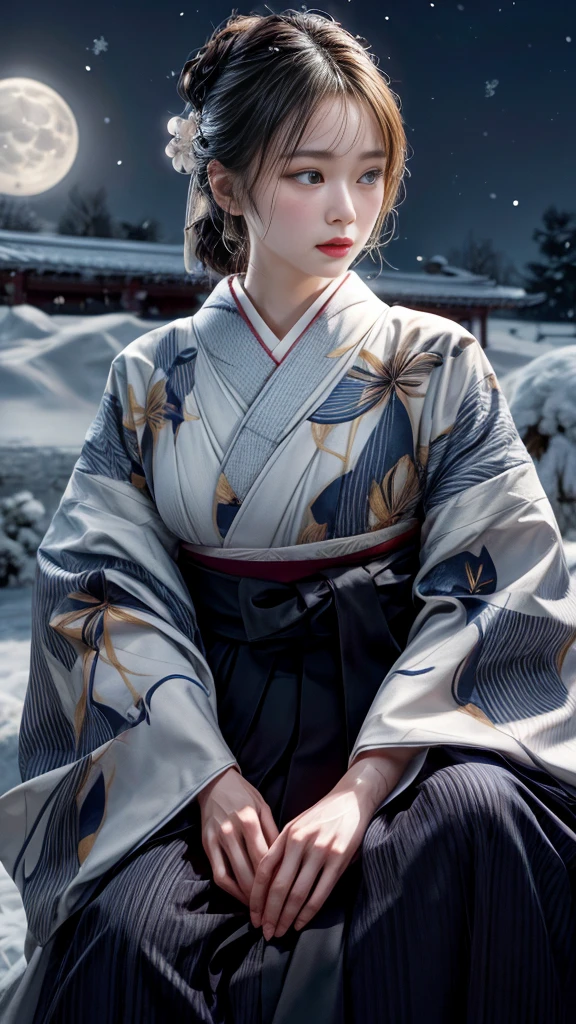 Very beautiful woman、Slender women、Round Glasses、Japanese clothing、((Hakama))、((Big Breasts))、samurai、(((night)))、((moon))、((snow))、Very beautiful woman、Slender women、(Detailed face)、Realistic skin、((Delicate photo)),(Girl Masterpiece RAW Photo Details:1.25), (Highest quality:1.6), (Ultra-high resolution:1.5), (Realistic:1.75), 8K resolution, Canon EOS R5, 50mm, Absurd, Ultra-detailed,Cinema Lighting、
