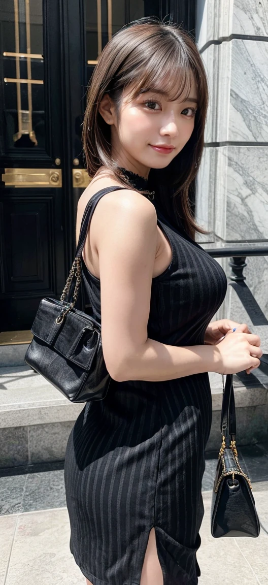 Arafed woman taking a selfie wearing a black and white striped dress, wearing a black camisole outfit, wearing a dark dress, candid photo, shot with sigma f/ 4.2, shot with sigma f / 4. 2, wearing black dress, wearing a black dress, low quality photo, black dress, Full body photo, sheath dress, halagar photo