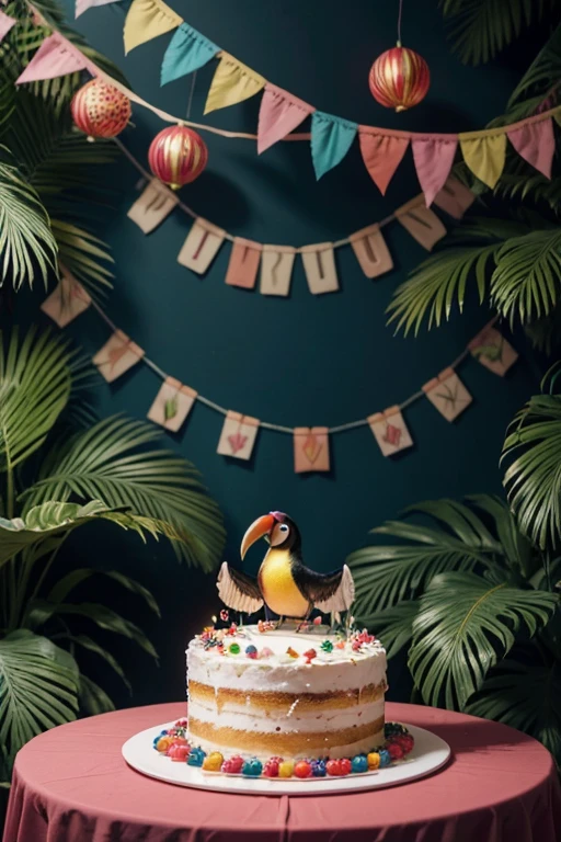 Image Description
Scene: A tropical jungle background with lush, colorful vegetation.
Main Character: A vibrant and colorful toucan, with the classic large, colorful beak. It is wearing a festive birthday hat with a small pom-pom on top.
Action: The toucan is singing "Happy Birthday," with its beak open and expressing joy. Its wings are slightly spread, suggesting excitement.
Additional Details:
Cake: A large, festive birthday cake on a table next to the toucan. The cake has multiple layers, decorated with colorful icing, and is topped with many lit candles.
Decorations: Colorful balloons and streamers around the cake and the toucan to enhance the festive atmosphere.
Lighting: The lit candles on the cake softly illuminate the toucan's face and the surrounding area.