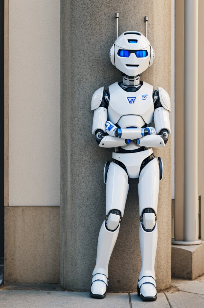 A white bot leaning against a pole with right arm and legs crossed 