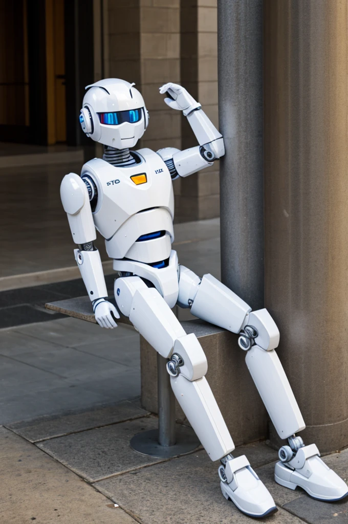 A white bot leaning against a pole with right arm and legs crossed