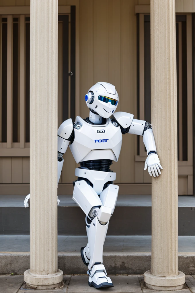 A white bot leaning against a pole with right arm and legs crossed 