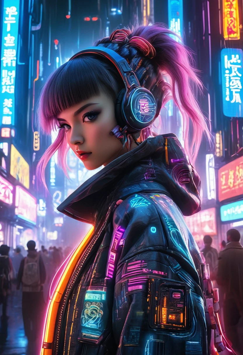 ((extremely delicate and beautiful cybernetic girl)), ((mechanical limb, blood vessels connected to tube, mechanical vertebrae)), ((mechanical cervical attaching to neck)), (wires and cables attaching to neck:1.2), ((mass of wires and cables on head)), ((wearing colorful Harajuku tech jacket with logos)), (character focuacing camera pose)), ((cowboy shot)), (masterpiece), (((best quality))), ((ultra-detailed)), (highly detailed photorealistic CG illustration), cinematic lighting, science fiction, extremely detailed,colorful,highest detail, (((cyberpunk city background, (Blade Runner), Harajuku district)))