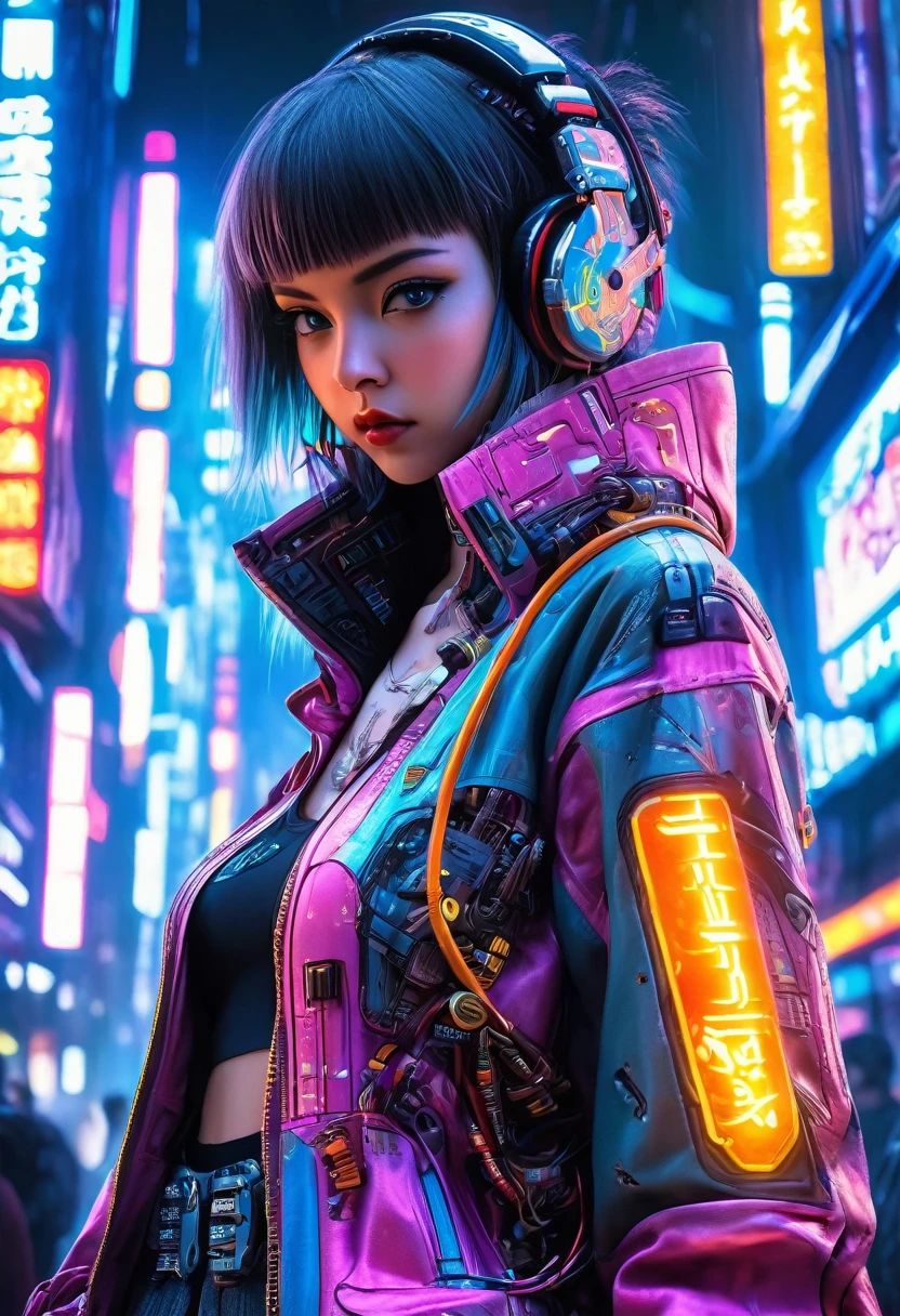 ((extremely delicate and beautiful cybernetic girl)), ((mechanical limb, blood vessels connected to tube, mechanical vertebrae)), ((mechanical cervical attaching to neck)), (wires and cables attaching to neck:1.2), ((mass of wires and cables on head)), ((wearing colorful Harajuku tech jacket with logos)), (character focuacing camera pose)), ((cowboy shot)), (masterpiece), (((best quality))), ((ultra-detailed)), (highly detailed photorealistic CG illustration), cinematic lighting, science fiction, extremely detailed,colorful,highest detail, (((cyberpunk city background, (Blade Runner), Harajuku district)))