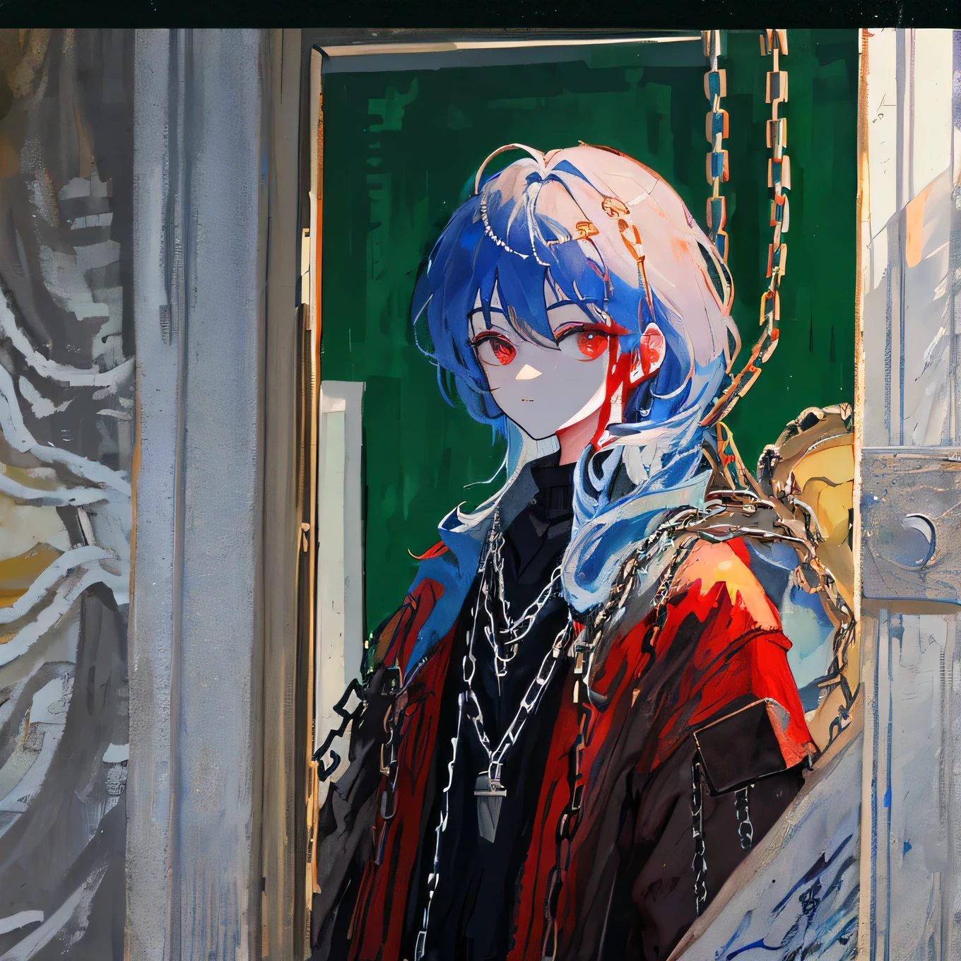 masterpiece, 1 girl, upper body, looks at the viewer, two paintings, in doors, red eyes, blood, blue hair, chains , many details