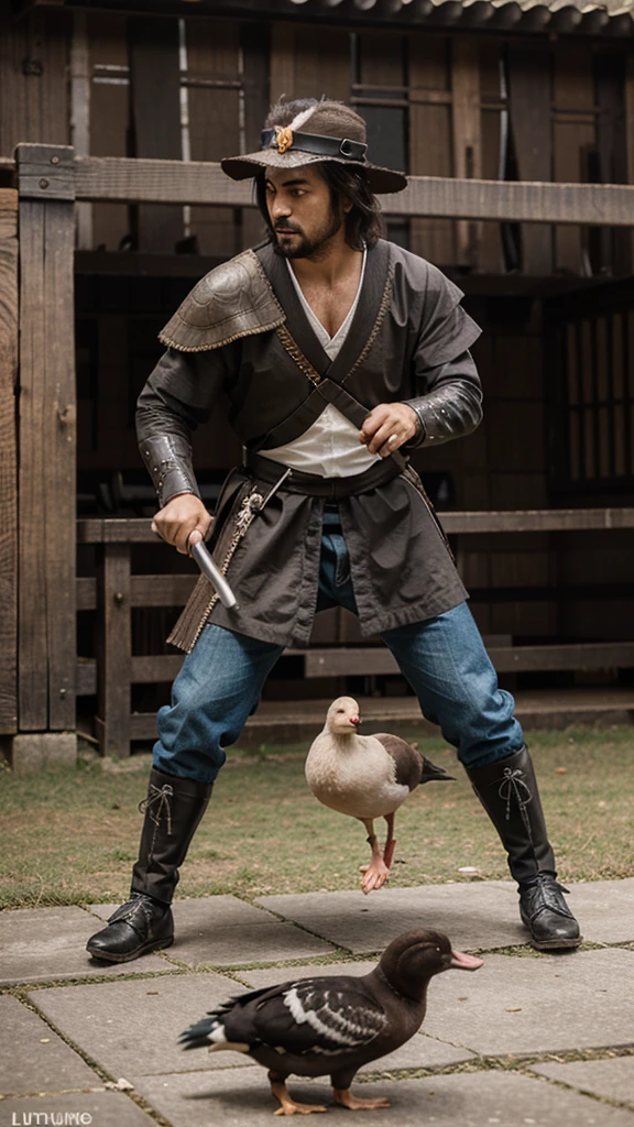 Cachorro de patins lutando contra pato samurai