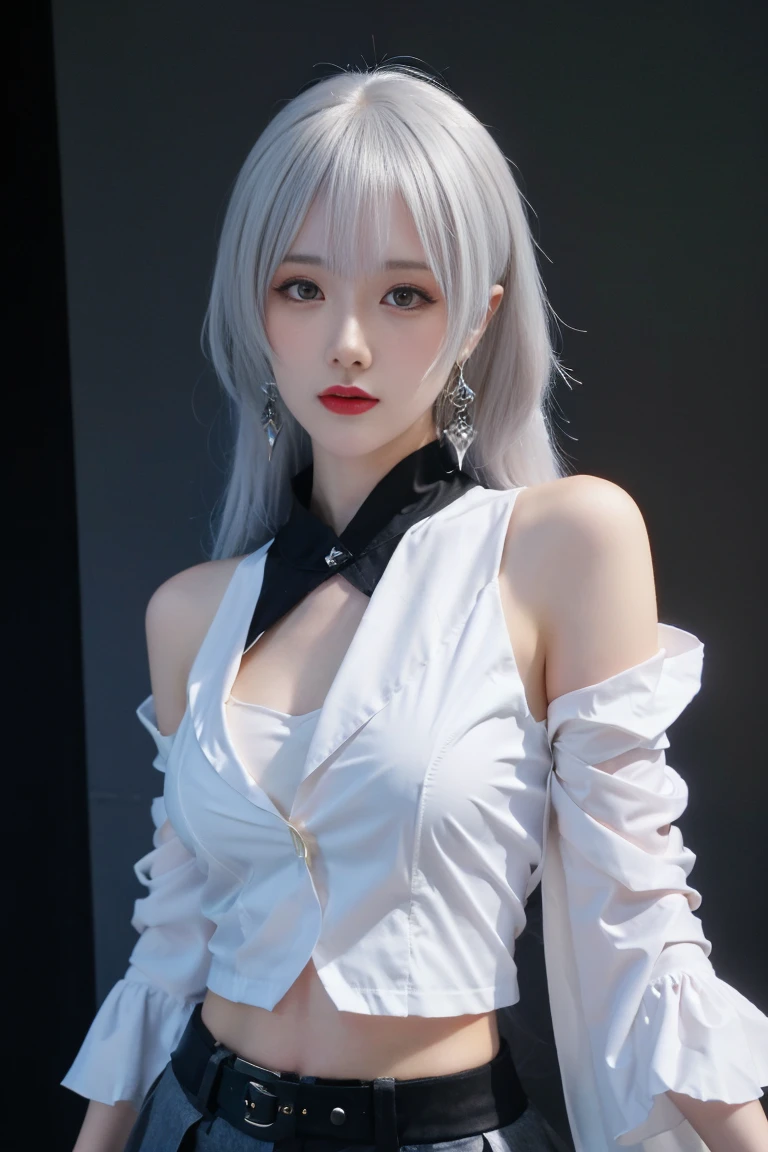 best quality, tmasterpiece,Ultra-high resolution,Clear face,（Reality：1.4），ferpect lighting，(upper body photo:1.5), (photorealistic:1.50), anime wallpaper, Guviz style artwork, cover-up fantasy up to magic , by Yang J, Guviz, beautiful artwork illustration, beautiful digital artwork, beautiful digital illustration, Li Song, beautiful anime portrait, art style in Beauvot, Prometheusds, 1girl, 独奏, bangs, jewelry, earrings, drill hair, twin drills, gray hair, closed mouth, red eyes, hair between the eyes, skirt, bare shoulders, gray skirt, hair decoration, jacket, skirt pleated, short sleeves, long hair, shirt, vest, small bust, belt, black shirt, bust, open clothes, white jacket, medium hair,