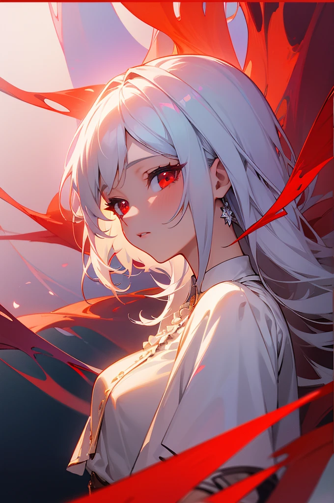 Artwork, masterpiece, extremely detailed 8k CG unit wallpaper, vibrant incredible colors, of a beautiful girl with white hair, red eyes, wearing a simple sensual blouse, almost transparent, her gaze focused on the viewer, background of scenery of a beautiful room, a calm, soft, simple light on the face of the beautiful girl.