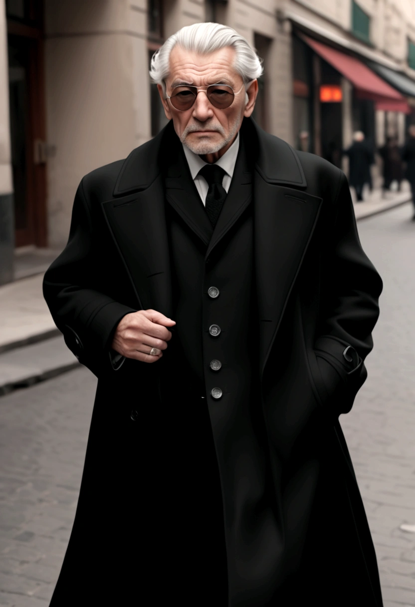 Attractive old man，black greatcoat，Simple and smooth，stereoscopic cropping，texture，High definition，street fashion show