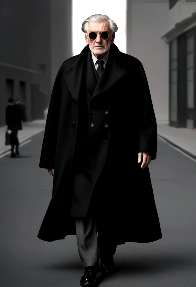 Attractive old man,black greatcoat,Simple and smooth,stereoscopic cropping,texture,High definition,street fashion show