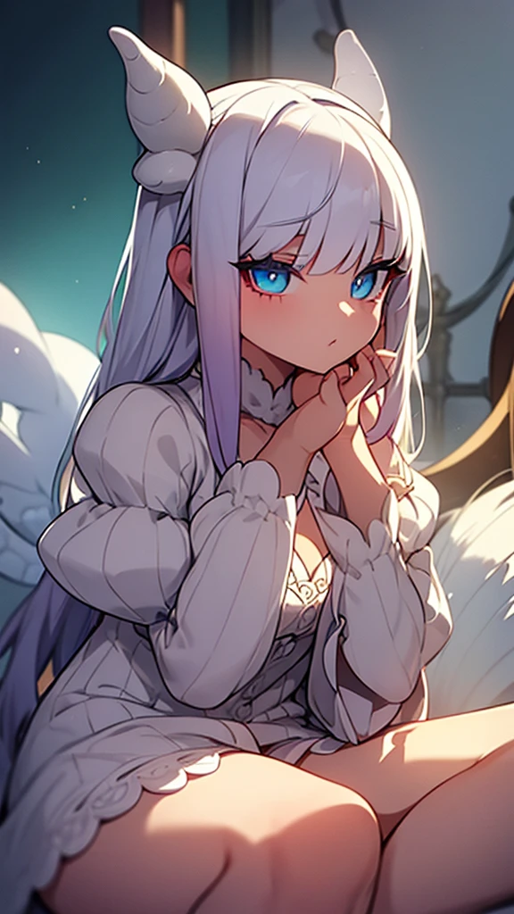 A cute white-haired dragon girl sitting on a bed, shaking her tail, extremely detailed face and eyes, beautiful eyelashes, detailed scales, intricate details, elegant dress, soft lighting, warm color tones, cinematic composition, fantasy art, digital art