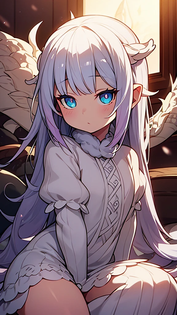 A cute white-haired dragon girl sitting on a bed, shaking her tail, extremely detailed face and eyes, beautiful eyelashes, detailed scales, intricate details, elegant dress, soft lighting, warm color tones, cinematic composition, fantasy art, digital art