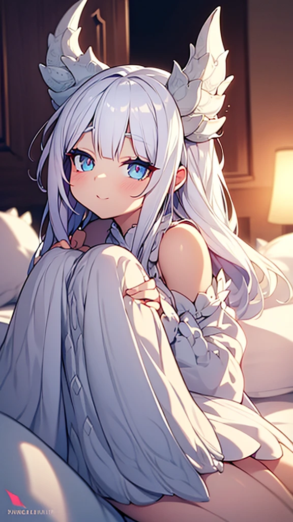 A cute white-haired dragon girl sitting on a bed, shaking her tail, extremely detailed face and eyes, beautiful eyelashes, detailed scales, intricate details, elegant dress, soft lighting, warm color tones, cinematic composition, fantasy art, digital art