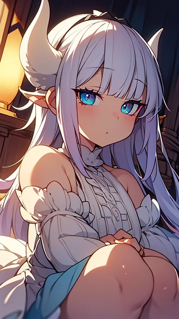 A cute white-haired dragon girl sitting on a bed, shaking her tail, extremely detailed face and eyes, beautiful eyelashes, detailed scales, intricate details, elegant dress, soft lighting, warm color tones, cinematic composition, fantasy art, digital art