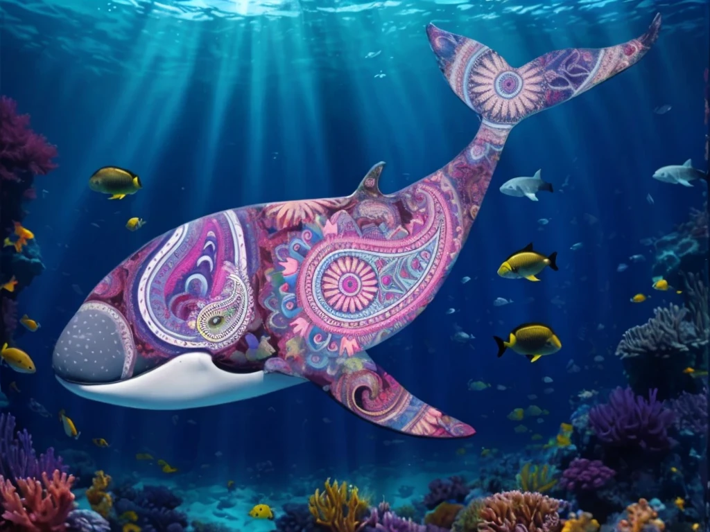 very bold intense deeply saturated colorful paisley whale, crisp edges