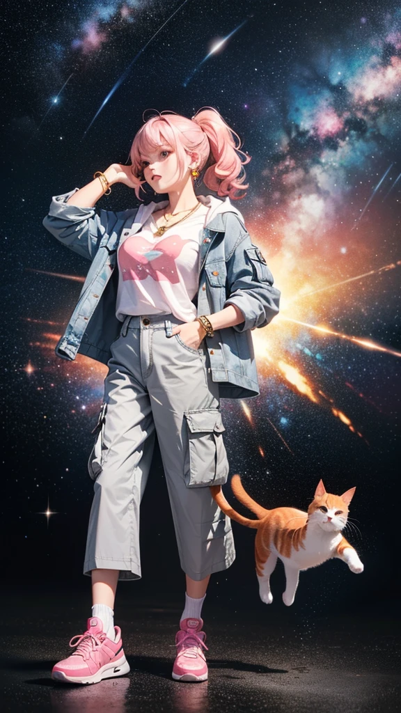 (((Holding a cute orange bantam cat in both hands))),((Highest quality,masterpiece,Full body front view of a mature beauty with big breasts,Air bangs,Blue gray high ponytail super long straight hair,Slightly curly hair on double sideburns,Hair ends curled in,Gray and pink short T-shirt,Light blue denim gray hooded jacket,Black and gray long and wide cargo pants,Pink and white sneakers)),Simple, small and exquisite round necklace,Little star earrings,Wearing a very thin gold bracelet on the right hand,starry sky galaxy background,Look at the lens head-on