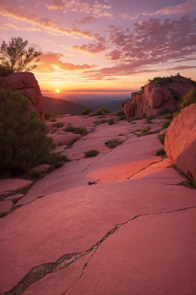 Create a landscape with wine-colored rock floors, red sky and pink clouds
