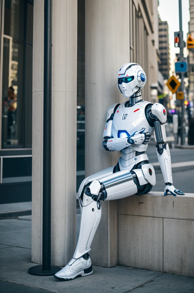 A white cyborg bot leaning against a pole with right arm and legs crossed 