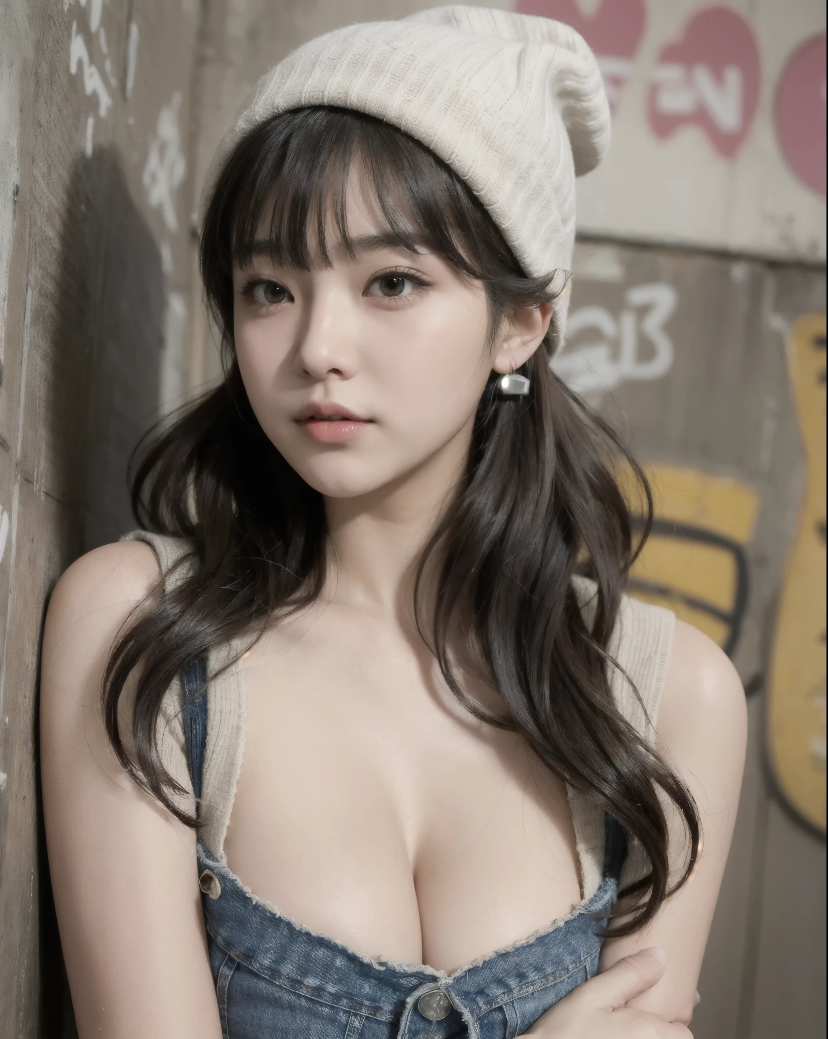 kawaii,cute,1woman, . large breast , intricate background, -, hair over eyes, covered eyes, blunt bangs, sideburns , smug, nose blush , , from below, Establishing Shot,
A distressed denim jeans, a beige sweater, and a beanie, posing against a graffiti-covered wall.
(day),