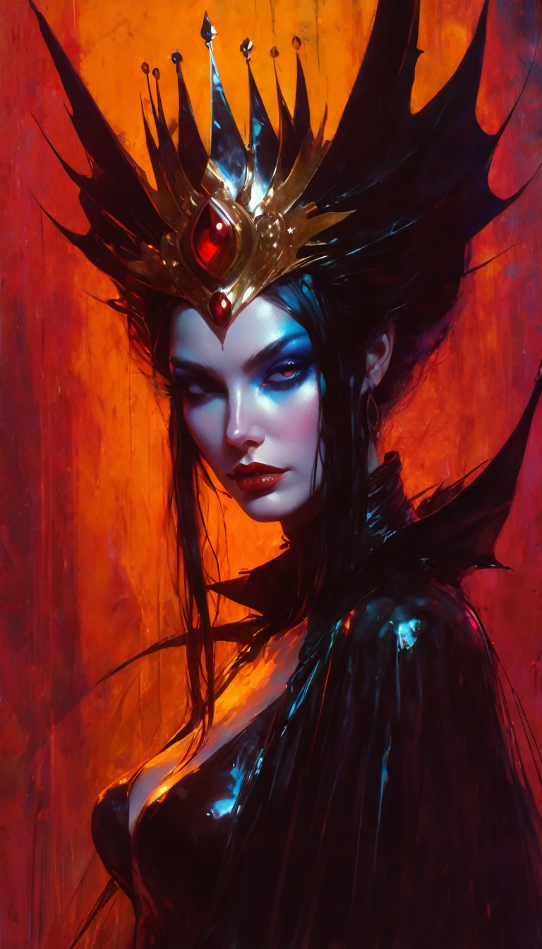 The sexy and dark queen of the art of seduction (art inspired in Bill Sienkiewicz). oil painting) (best quality,4k,8k,highres,masterpiece:1.2),ultra-detailed,(realistic,photorealistic,photo-realistic:1.37),intricate details,vivid colors,sharp focus,professional,Dave McKean artwork, oil touch of surrealism,oil painting style