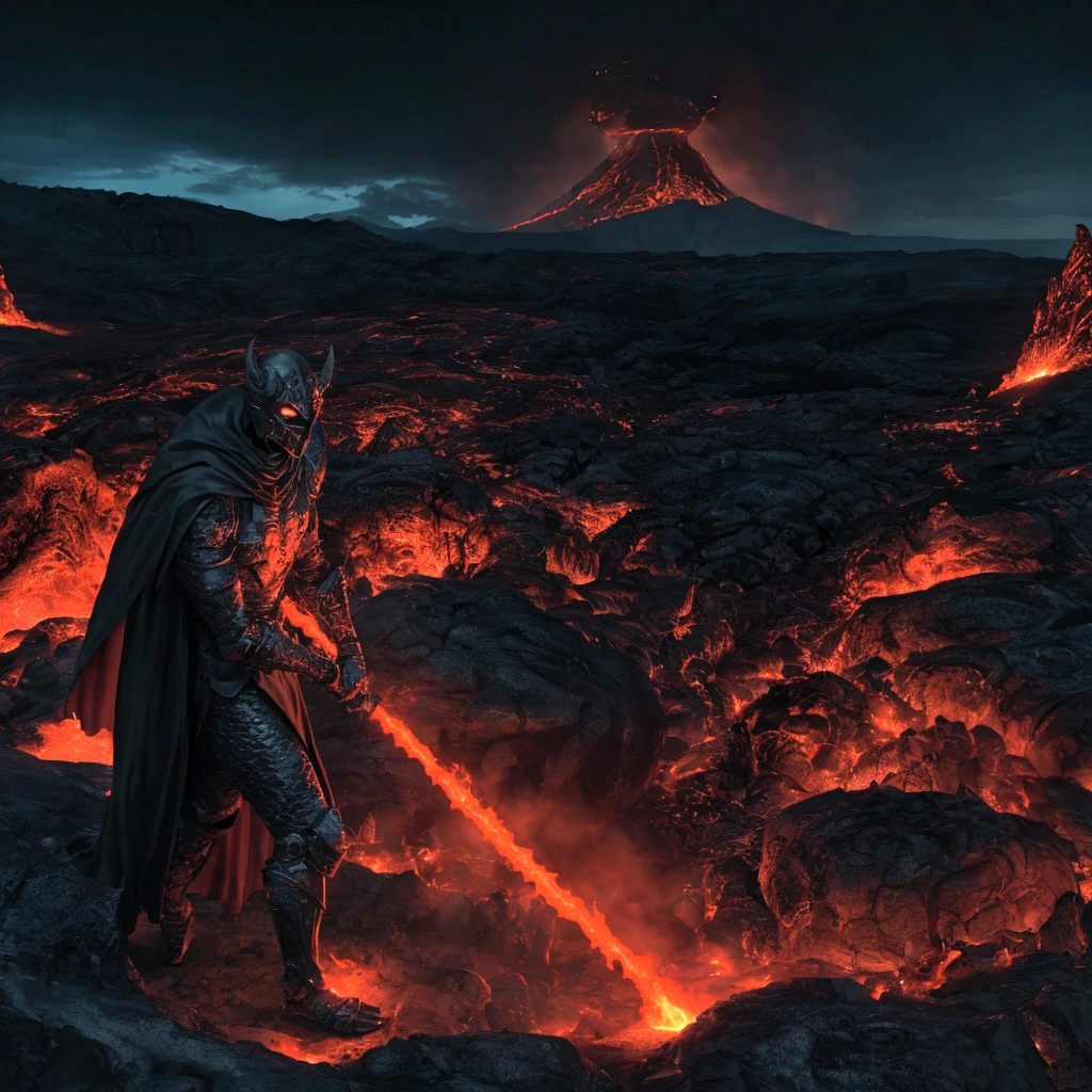 (extremely detailed 8k wallpaper), a medium shot photo of Grim dressed as a scary masked lava-supervillain in a glowing lava armour from marvel, theme, intricate, high detail, dramatic, mountain with lava running down the mountain in the background