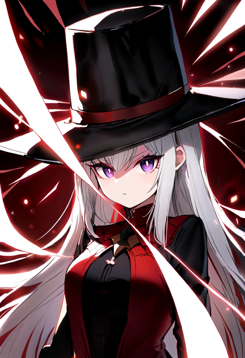 White hair,young female,Black and red swimsuit,Purple pupils,white hair,magister,magic hat