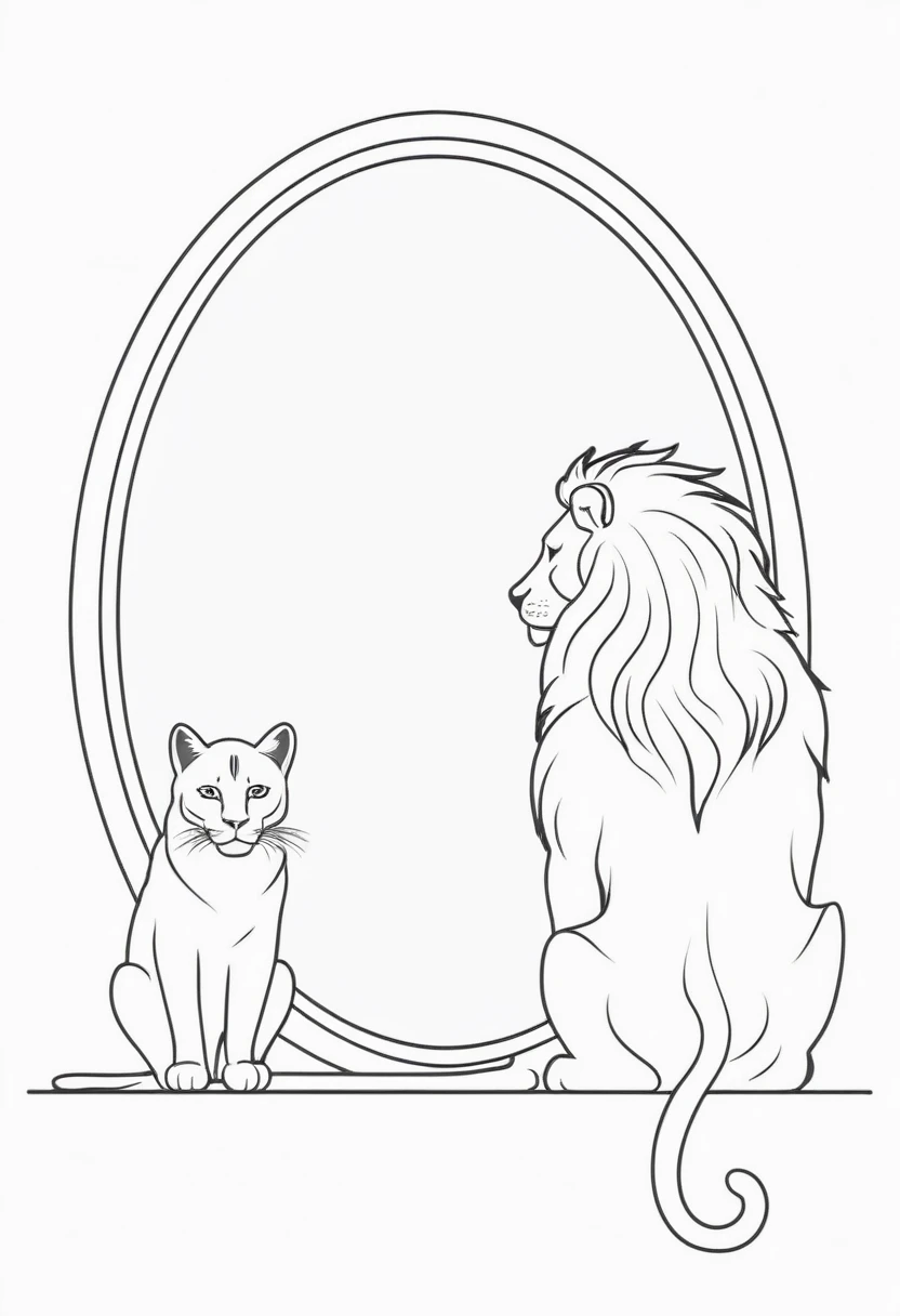 Illustration, in white background. One line cat looking at a lion in a mirror