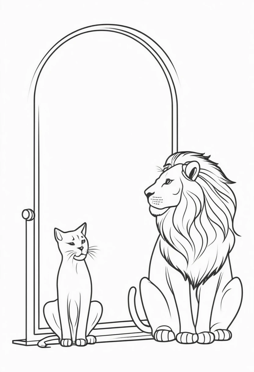 Illustration, in white background. One line cat looking at a lion in a mirror