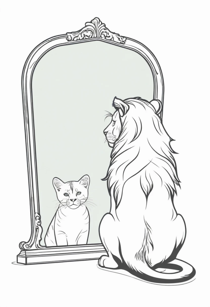 Illustration, in white background. One line cat looking at a lion in a mirror