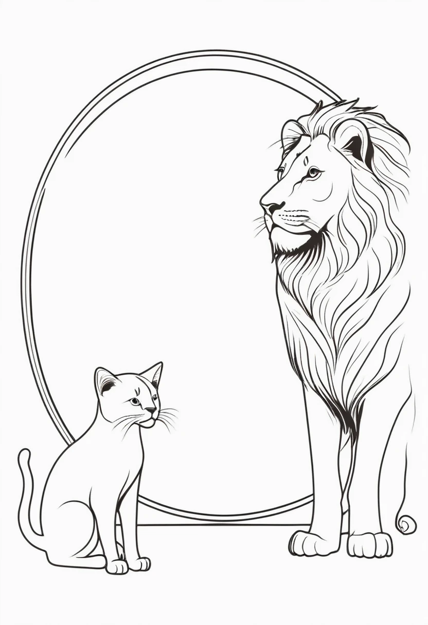 Illustration, in white background. One line cat looking at a lion in a mirror