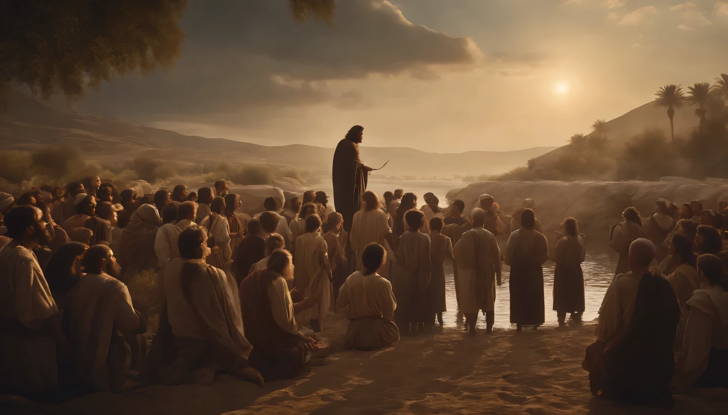 Generate an image that represents John the Baptist preaching on the banks of the Jordan River., with a crowd of followers listening attentively to his words.., perfect composition, beautiful, detailed, intricate, increíblemente detailed, octane rendering, trend on Artstation, 8k art photography, Photorealistic concept art, Soft natural volumetric cinematic perfect light., chiaroscuro, award-winning photography, Masterpiece, oil on canvas, rafael, Caravaggio, greg rutkowski, Beeple, Beksinski, Giger