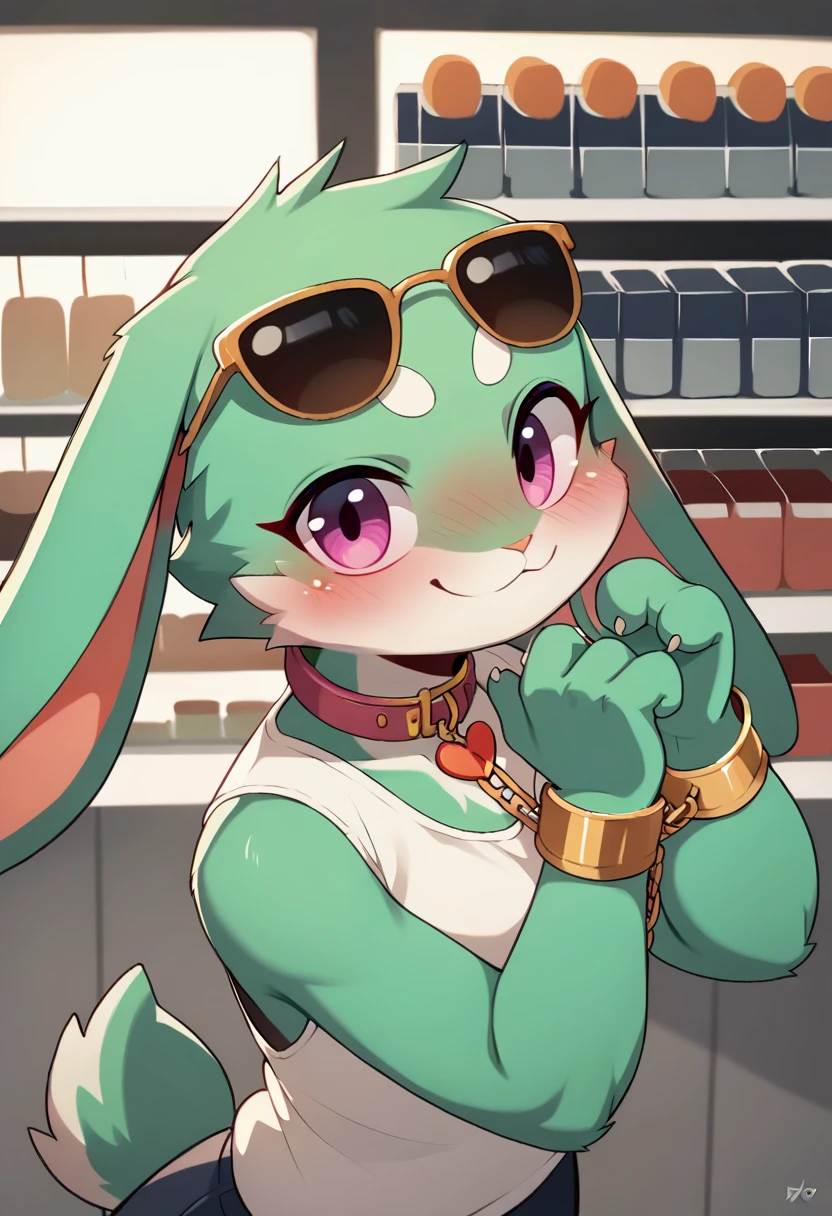 ((10k High Quality)) (( perfect autonomy 10k)) Masterpiece, Green rabbit furry girl, chain,white sleeveless shirt with flower embroidery,heart collar,gold bracelets,sunglasses,department store,looking at viewer,upper body only,full face blush,naughty face,smile,excited pose, in the living room 