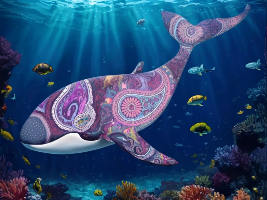 very bold intense deeply saturated colorful paisley whale, crisp edges