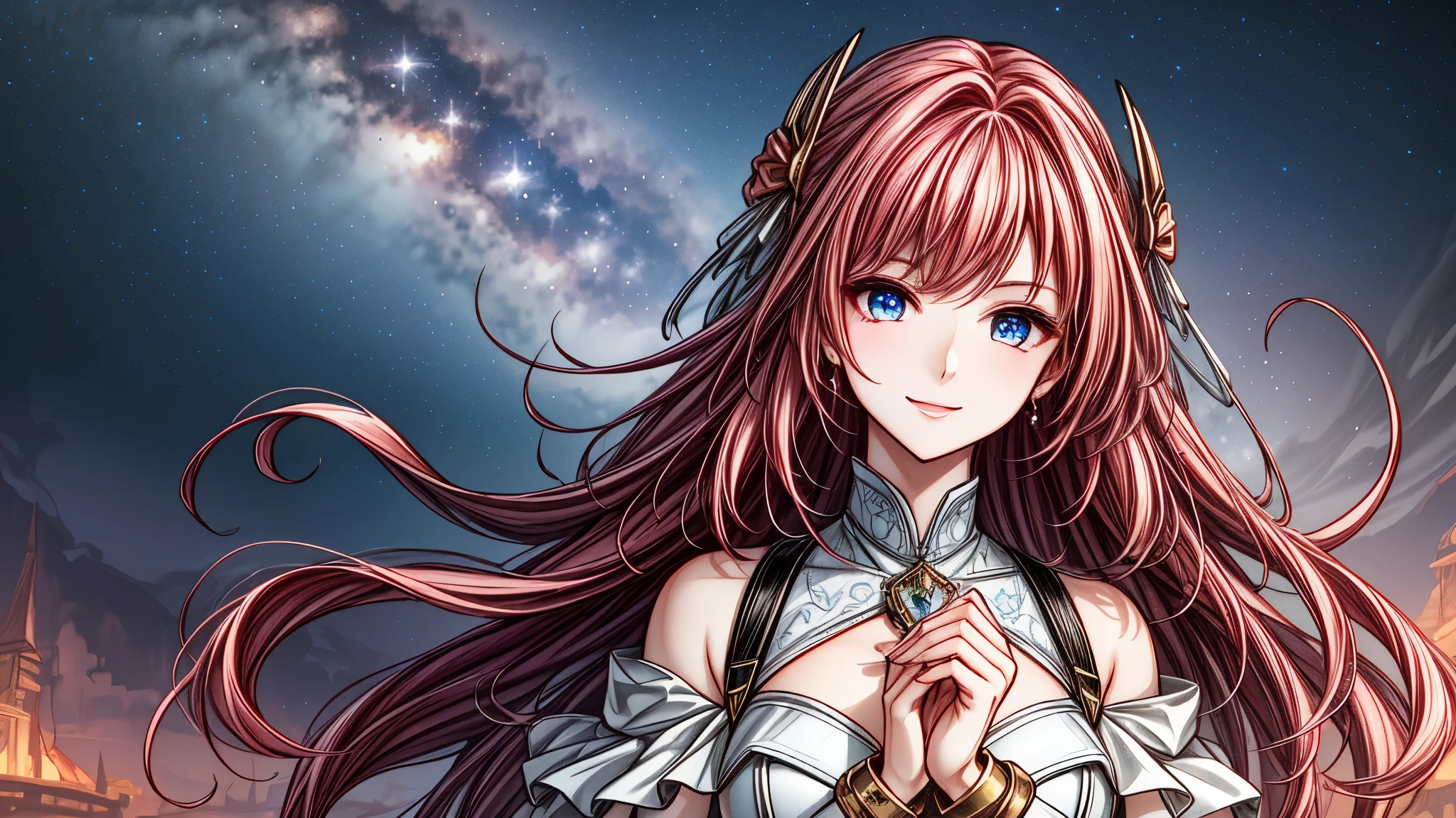 (simple hands: 0.5) + (Detailed hand: 0.7), (masterpiece), (highest quality), In white, red eye, 1 girl, Pale skin, In white, red eye, Pink Hair, eyelash, handcuffs, jewelry, smile, Glowing Skin, Shiny Hair, Detailed and magnificent scenery, Fancy, Wide range, 1 girl, Pink Hair, Night Sky, Gazing at you、A masterpiece of amazingly detailed CG illustrations, I felt better., beautiful I felt better. eye, beautiful detailed eye, eye, sparkling eye, Different colored eye, red eye, blue eye, Milky Way, nebula, (whole body), (curve)
