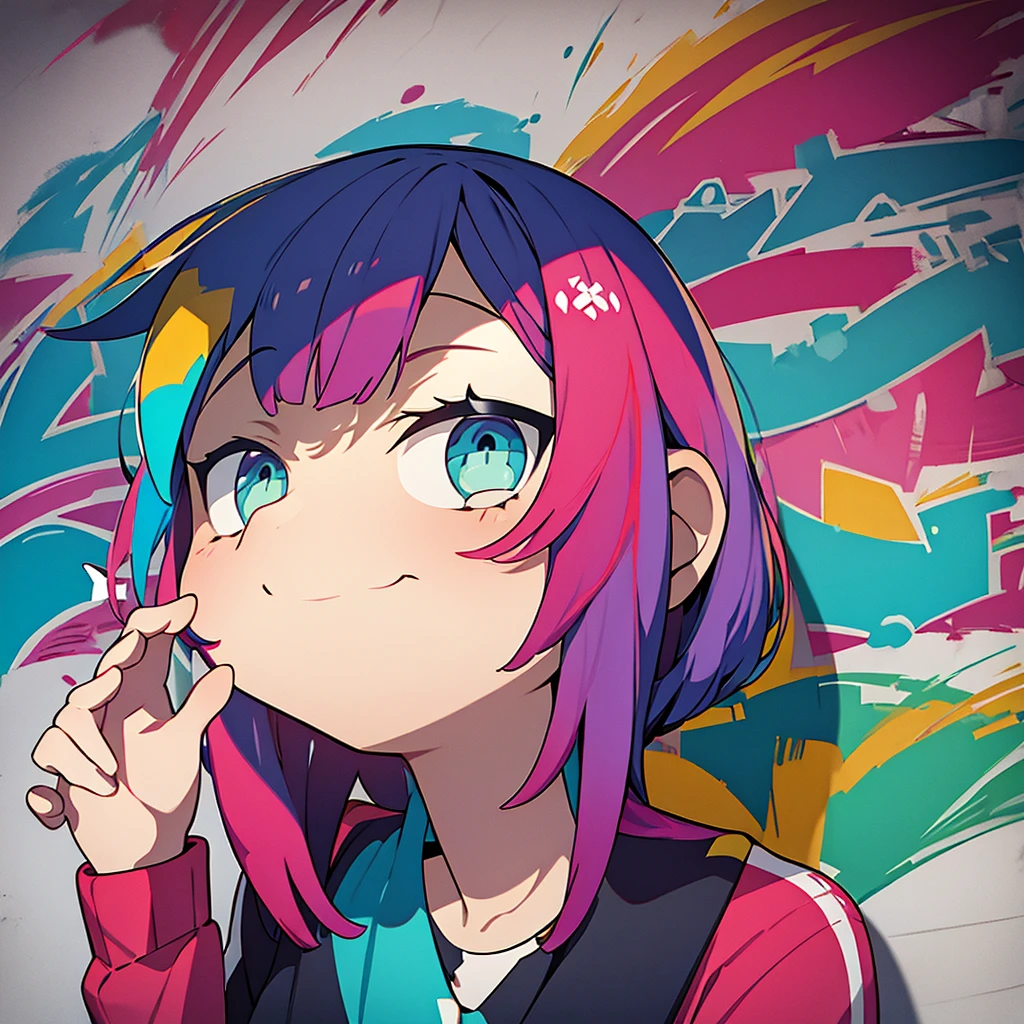 (best qualityer), work of art, extremely detailed 8K CG uniform illustration, high color, extremely high color saturation, all the colors deepened, paint, graffiti art, Central composition, extremely detailed light and shadow, parede de graffiti, wall painted bright, 1 girl writing graffiti 1 girl looking at the wall, extremly detailed face and eyes, Medium length hair, Sportswear, colorful clouds